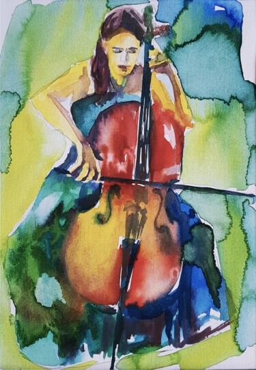 Dibujo titulada "Violoncello" por Andjela Milosevic, Obra de arte original, Acuarela