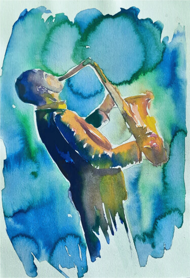 Tekening getiteld "Saxophone" door Andjela Milosevic, Origineel Kunstwerk, Aquarel