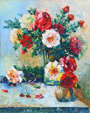 Painting titled "Roses Resplendence" by Andranik Harutyunyan, Original Artwork, Oil Mounted on Wood Stretcher frame