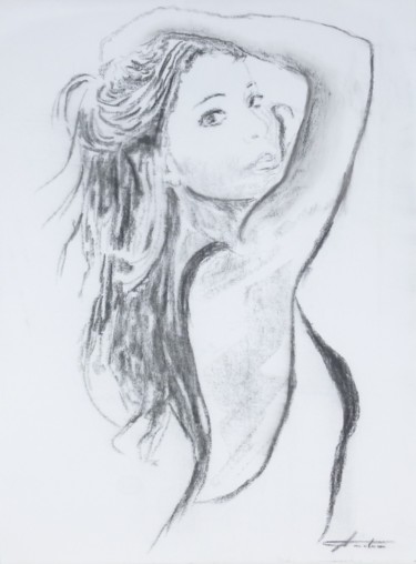Dessin intitulée "La fille aux longs…" par André Ayala, Œuvre d'art originale, Fusain