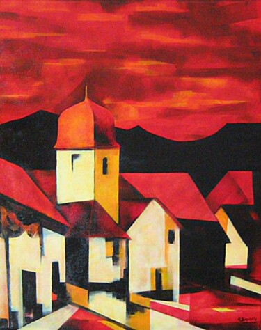 Peinture intitulée "village" par Andre Bourdin, Œuvre d'art originale, Huile