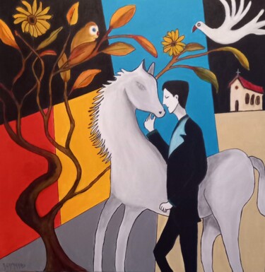 Painting titled "Le Cheval Blanc" by André Caparros, Original Artwork, Acrylic Mounted on Wood Stretcher frame