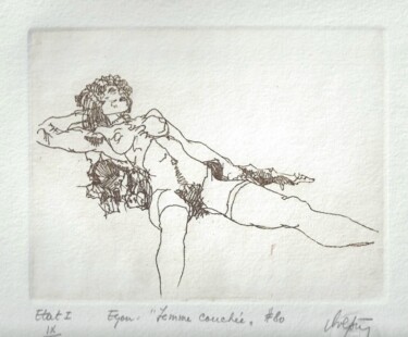 Gravures & estampes intitulée "Egon "femme couchée…" par André Colpin, Œuvre d'art originale, Eau-forte