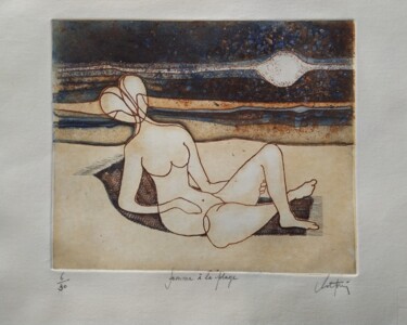 Gravures & estampes intitulée "Femme à la plage" par André Colpin, Œuvre d'art originale, Eau-forte