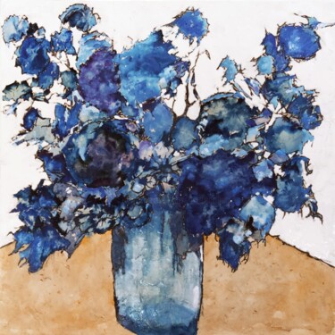 Painting titled "Fleurs bleus (grand)" by André Colpin, Original Artwork, Oil Mounted on Other rigid panel