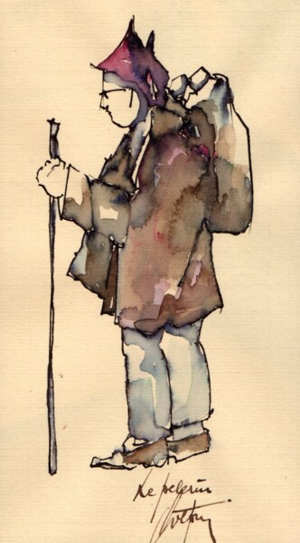 Drawing titled "Le Pélerin" by André Colpin, Original Artwork, Watercolor