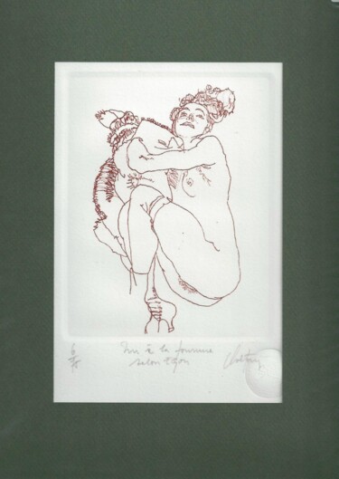 Gravures & estampes intitulée "Nu à la fourrure se…" par André Colpin, Œuvre d'art originale