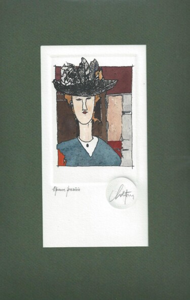Incisioni, stampe intitolato "Femme au chapeau -…" da André Colpin, Opera d'arte originale, Acquaforte