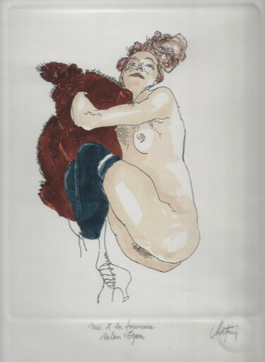 Gravures & estampes intitulée "Nu à la fourrure se…" par André Colpin, Œuvre d'art originale, Eau-forte