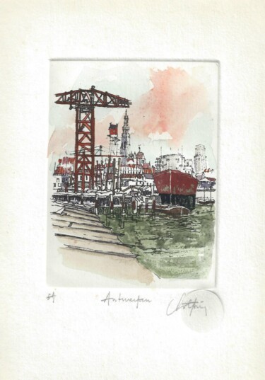 Gravures & estampes intitulée "Antwerpen - Le port…" par André Colpin, Œuvre d'art originale, Eau-forte