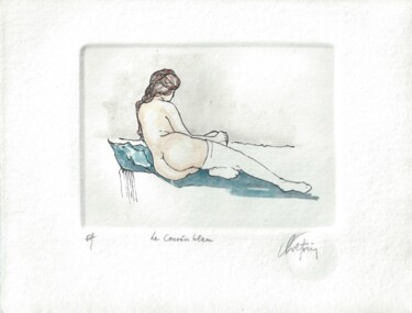 Gravures & estampes intitulée "Le coussin bleu" par André Colpin, Œuvre d'art originale, Eau-forte