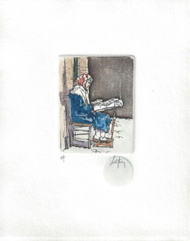 Gravures & estampes intitulée "La dentellière" par André Colpin, Œuvre d'art originale, Eau-forte