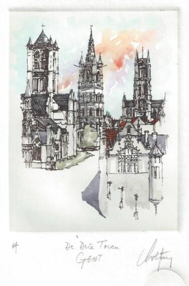 Druckgrafik mit dem Titel "Gent de drie Toren" von André Colpin, Original-Kunstwerk, Radierung