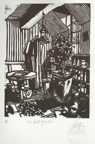 Printmaking titled "Le petit grenier" by André Colpin, Original Artwork, Linocuts