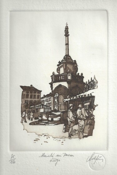 Prenten & gravures getiteld "Liège Marché au Per…" door André Colpin, Origineel Kunstwerk, Ets