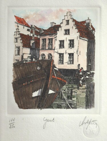 Druckgrafik mit dem Titel "Gent  Kanaal" von André Colpin, Original-Kunstwerk, Radierung