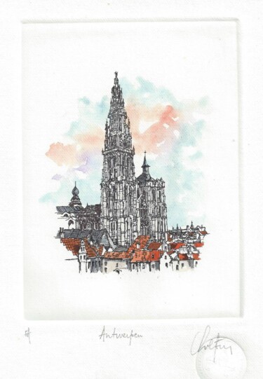 Estampas & grabados titulada "Antwerpen - Kathedr…" por André Colpin, Obra de arte original, Aguafuerte