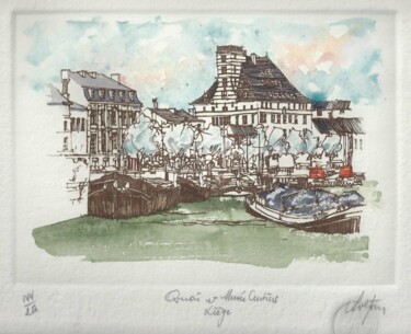 Prenten & gravures getiteld "Liège - Quai & Musé…" door André Colpin, Origineel Kunstwerk, Ets