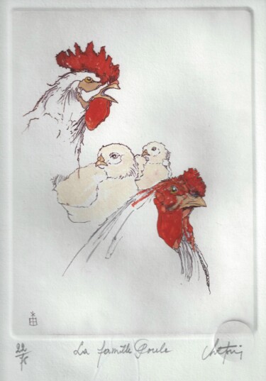 Gravures & estampes intitulée "Famille Poule" par André Colpin, Œuvre d'art originale, Eau-forte