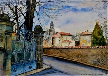 Painting titled "Village d'Allemans…" by André Farnier, Original Artwork, Watercolor