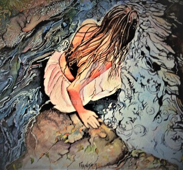 Painting titled "La fille de l'eau" by André Farnier, Original Artwork, Watercolor Mounted on Wood Stretcher frame