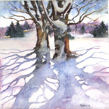 Painting titled "Dernière neige avan…" by André Farnier, Original Artwork, Watercolor