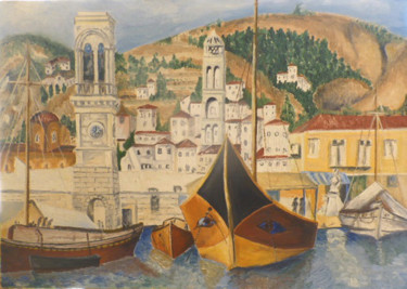 Malerei mit dem Titel "Hydra Grèce" von André Goinaud, Original-Kunstwerk, Öl