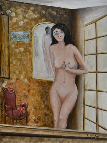 Painting titled "nue à la fenêtre" by André Goinaud, Original Artwork, Oil Mounted on Wood Stretcher frame