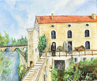 Painting titled "Le Moulin" by André Goinaud, Original Artwork, Oil Mounted on Wood Stretcher frame