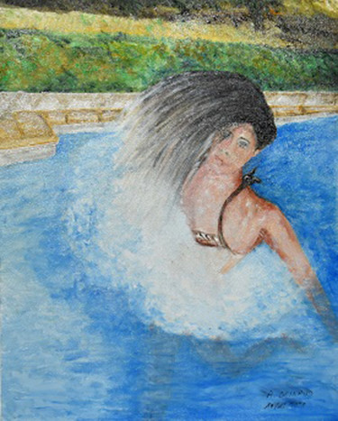 Painting titled "La Piscine (Maëva 4…" by André Goinaud, Original Artwork, Oil Mounted on Cardboard