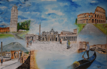 Painting titled "ITALIE souvenir" by André Goinaud, Original Artwork, Oil Mounted on Wood Stretcher frame