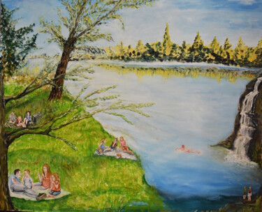 Painting titled "pique-nique au lac" by André Goinaud, Original Artwork, Oil Mounted on Wood Stretcher frame