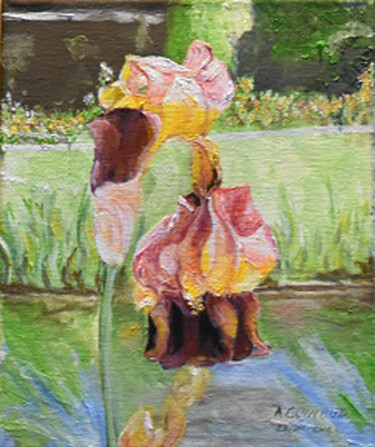 Painting titled "Iris du bassin aux…" by André Goinaud, Original Artwork, Oil Mounted on Wood Stretcher frame