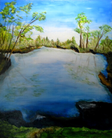 Painting titled "Lac de Pey martin 3…" by André Goinaud, Original Artwork, Oil Mounted on Wood Stretcher frame