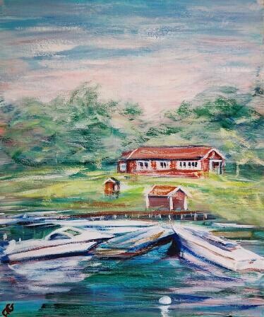 Peinture intitulée "ponton sur le fjord" par André Gueydon, Œuvre d'art originale, Huile