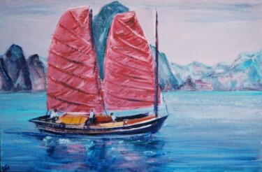 Painting titled "embarcation vietnam…" by André Gueydon, Original Artwork, Oil