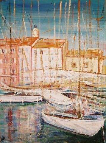 Peinture intitulée "st tropez bâteaux à…" par André Gueydon, Œuvre d'art originale, Huile