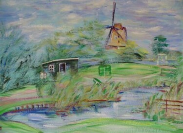 Painting titled "moulin en hollande" by André Gueydon, Original Artwork, Oil