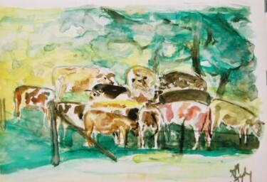 Painting titled "vaches normandes" by André Gueydon, Original Artwork, Oil