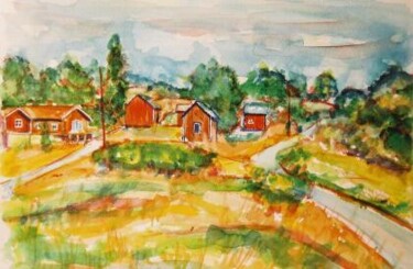 Painting titled "ferme suédoise" by André Gueydon, Original Artwork, Oil