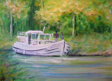 Painting titled "balade sur le canal" by André Gueydon, Original Artwork, Oil