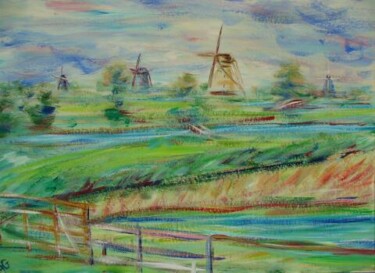 Painting titled "les moulins de kind…" by André Gueydon, Original Artwork, Oil