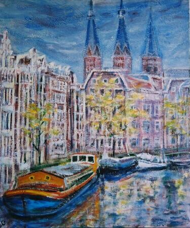 Painting titled "amsterdam péniches…" by André Gueydon, Original Artwork, Oil