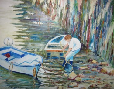 Painting titled "pêche à la crevette…" by André Le Nen, Original Artwork, Oil