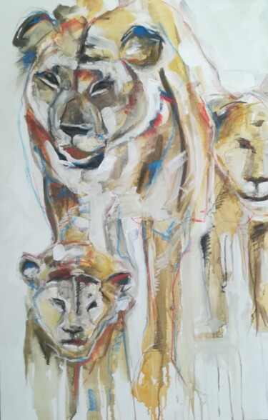 Painting titled "lion's family" by Andre Marc Serrano, Original Artwork, Acrylic
