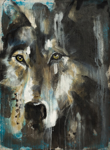 Painting titled "loup eyes" by Andre Marc Serrano, Original Artwork, Acrylic Mounted on Wood Stretcher frame