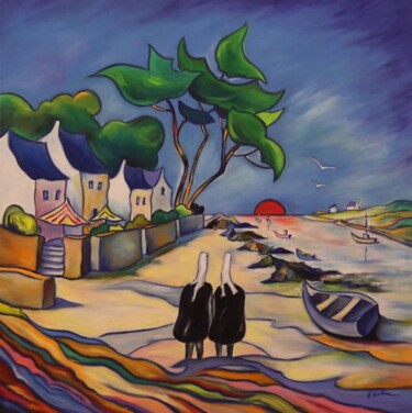 Painting titled "Bretonnes sur la gr…" by Andre Quelme, Original Artwork