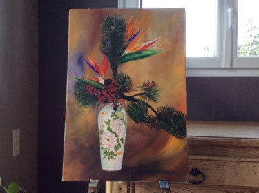 Painting titled "Fleurs exotiques" by Andre Quesnot, Original Artwork, Oil