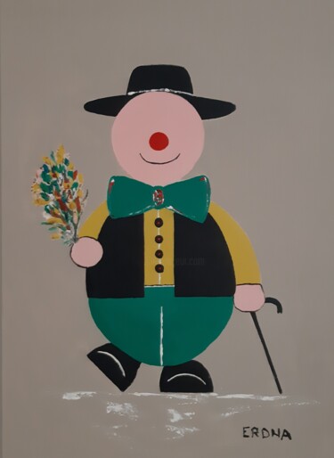 Schilderij getiteld "Erdna le clown ll" door André Roeser, Origineel Kunstwerk, Acryl Gemonteerd op Frame voor houten branca…
