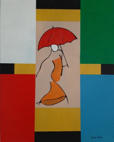 Painting titled "Le parapluie rouge" by André Roeser, Original Artwork, Acrylic Mounted on Wood Stretcher frame
